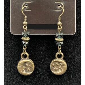 Handmade Bronze Tone Moon & Dark Blue Glass Bead Earrings by Neanie-Bot